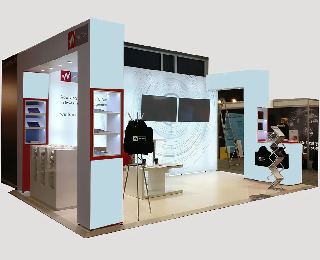 Winton financial services exhibition stand built by City Images: modular curved wall, integrated monitors, in-house install.