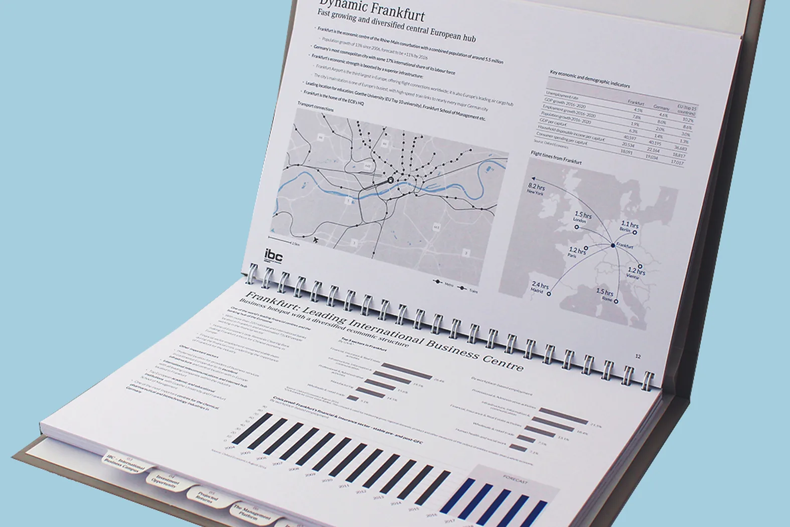 Wiro-bound corporate report by City Images: tabbed index dividers, printed charts, maps and data tables on coated stock.