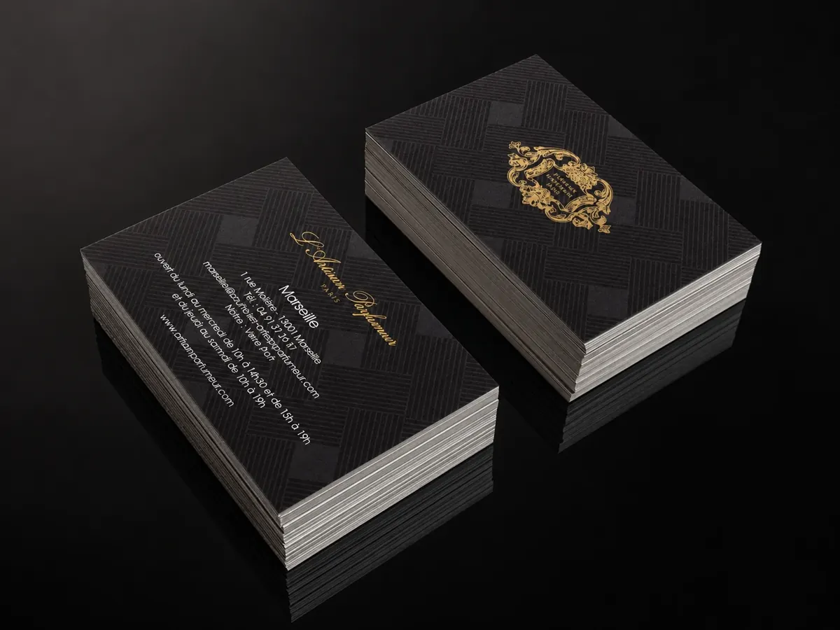 Luxury black business cards with gold-foil monogram, printed by City Images London