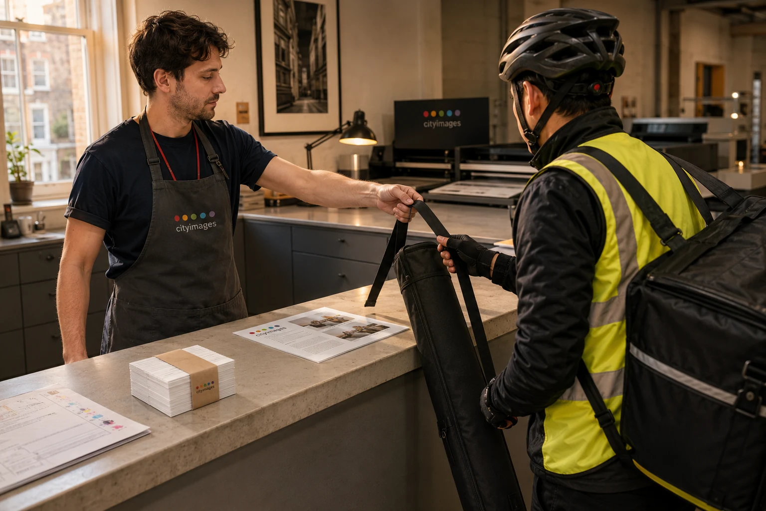 London bike courier collecting a same-day printed roller banner from the City Images Mayfair counter