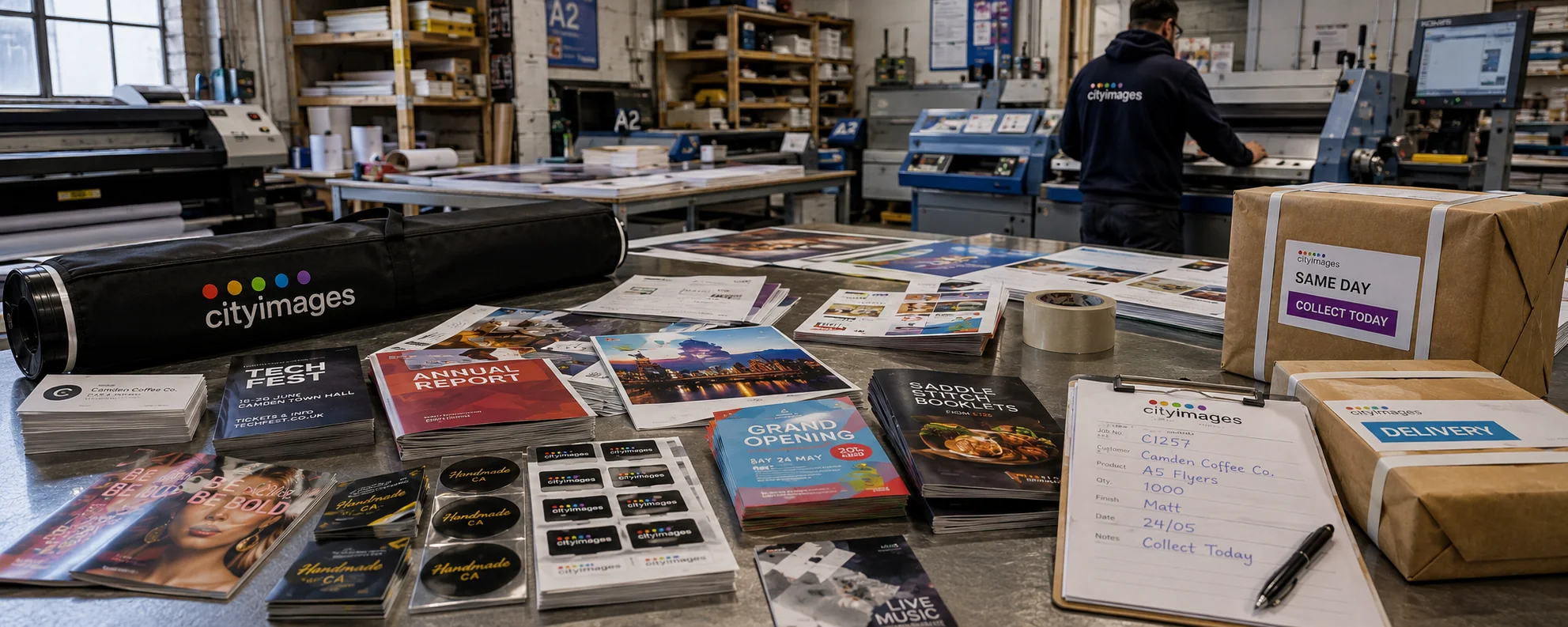 Business cards, posters, flyers, booklets and packaged jobs on the Camden bench, same-day ready for collection