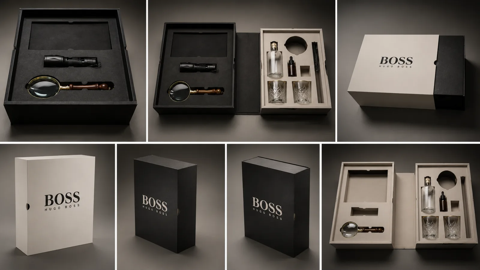 Grid of black and cream rigid gift boxes with fitted inserts holding fragrance bottles and accessories, one programme built as a range