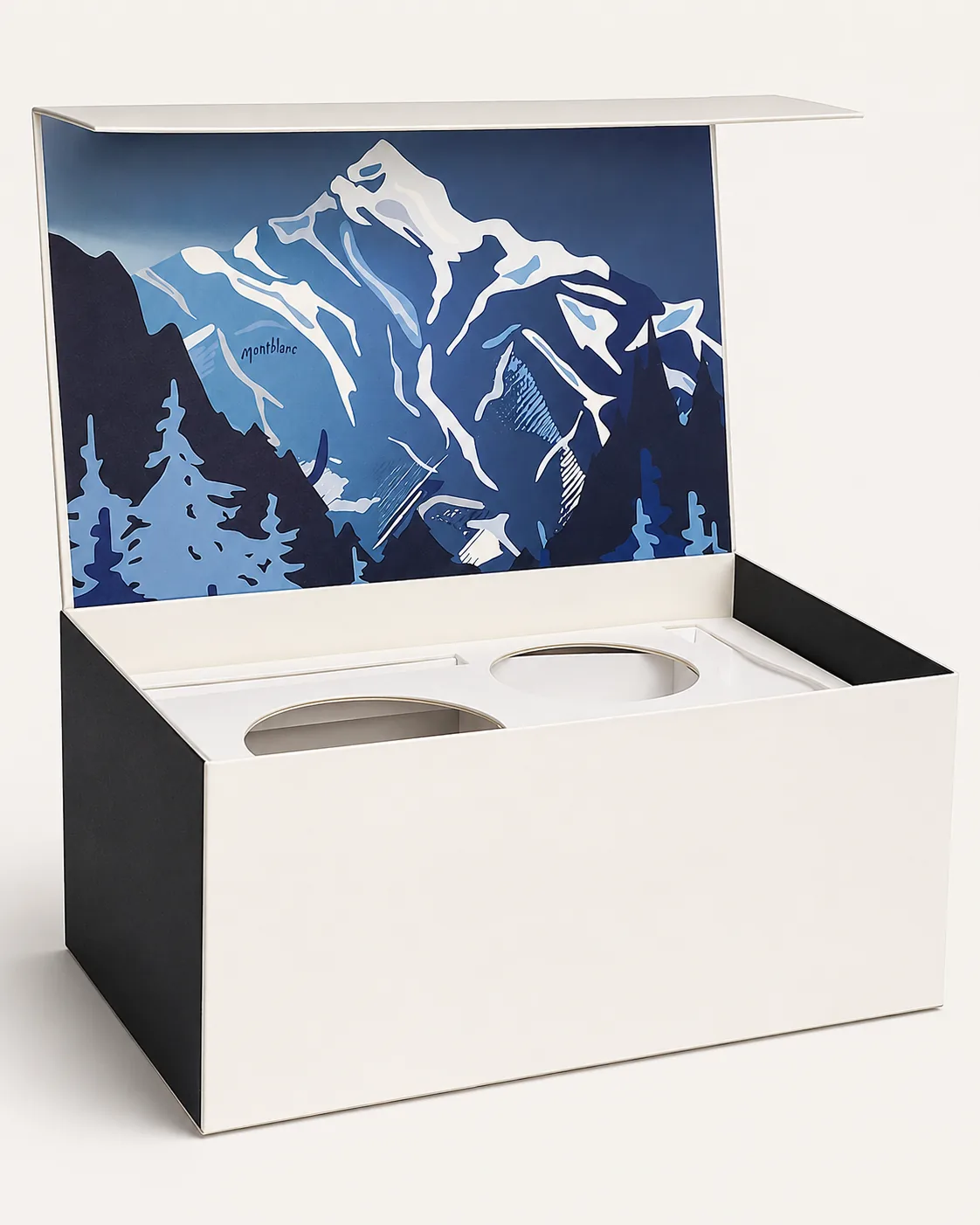 Cream magnetic-closure rigid box open to show a printed alpine artwork interior lid and fitted foam insert