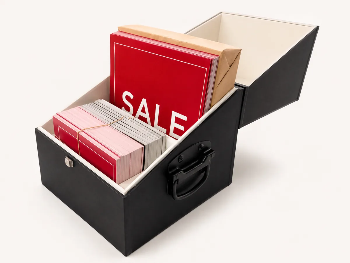Black rigid carry box with handles, open and packed with printed sale cards and tied card bundles