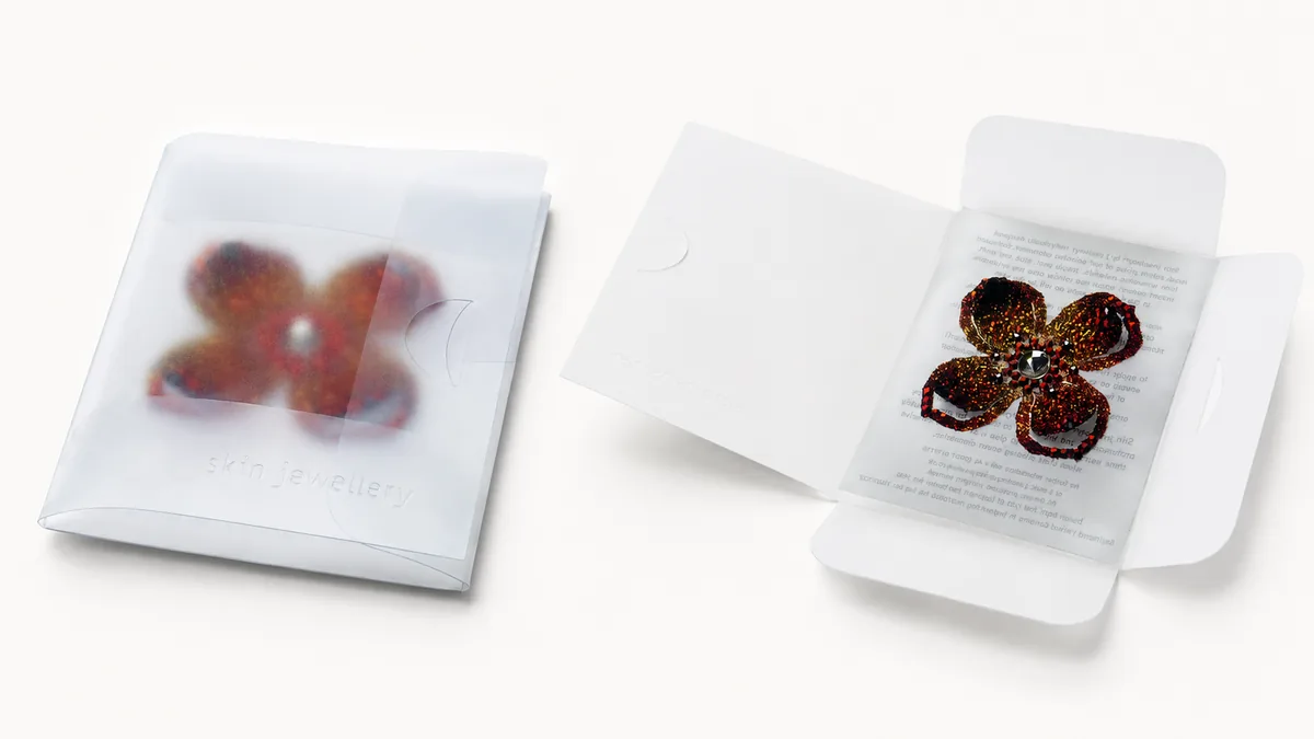 Translucent folding pack shown closed and open, holding an embroidered flower patch on a printed card