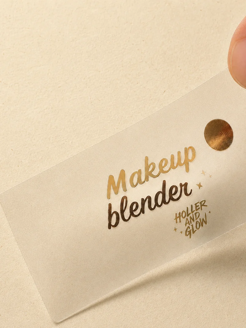 Clear vinyl sticker with gold foil stamping, printed for a cosmetics brand