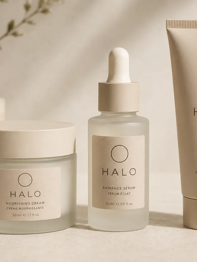 Printed skincare product labels with a soft matt finish, a product label sample