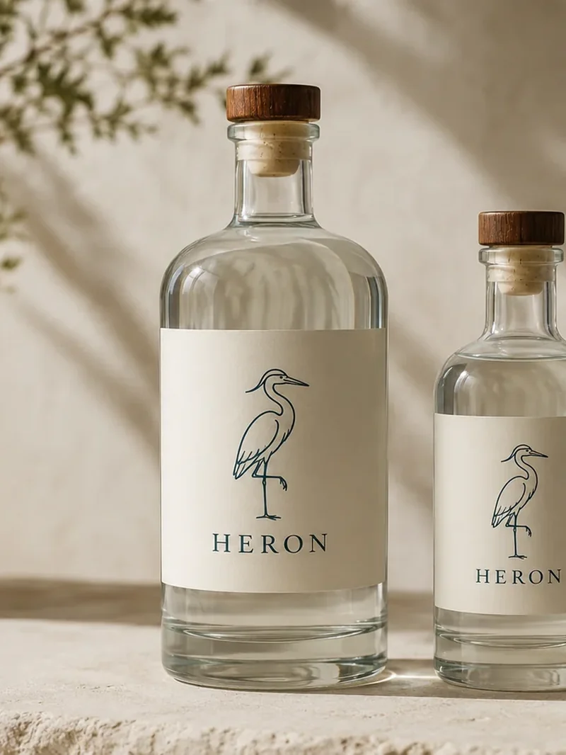 Printed spirit bottle labels on cream stock, a product label sample