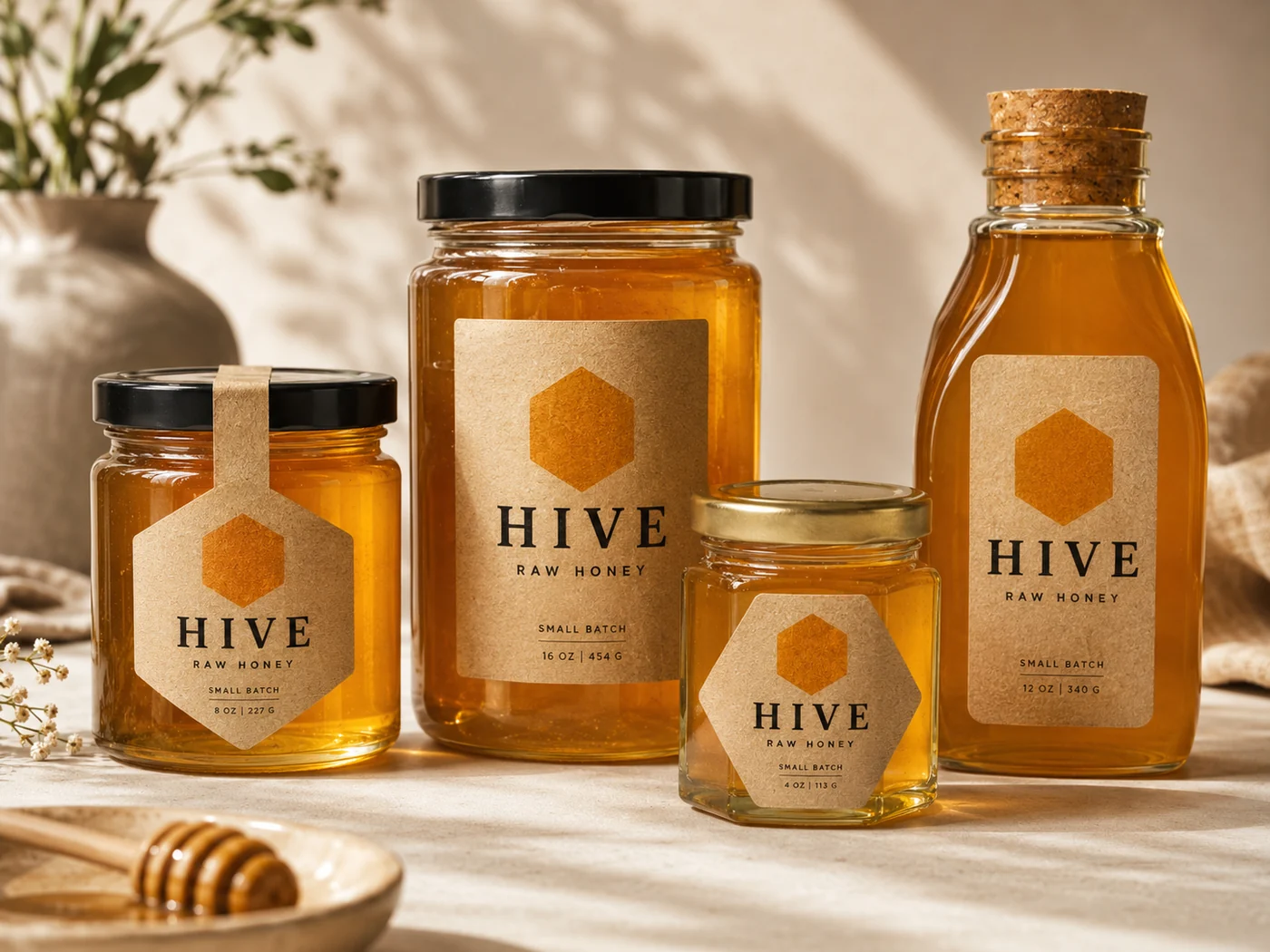 Kraft product labels die-cut to a hexagon shape on honey jars and a bottle, a product label sample
