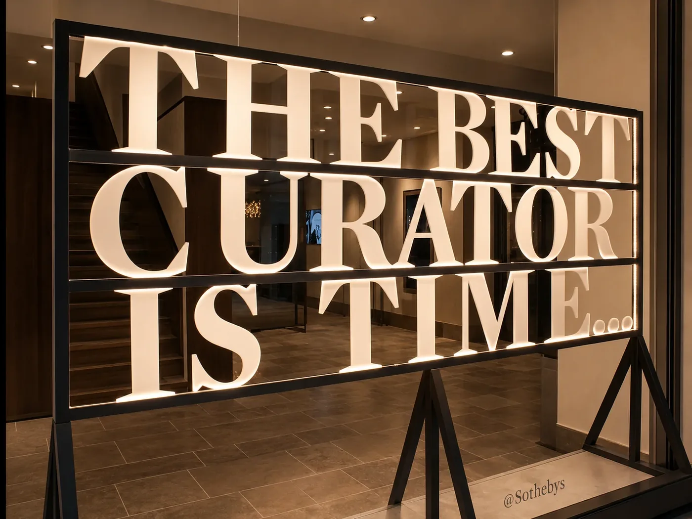 Illuminated cut letters spelling The Best Curator Is Time installed in a Sotheby&rsquo;s window