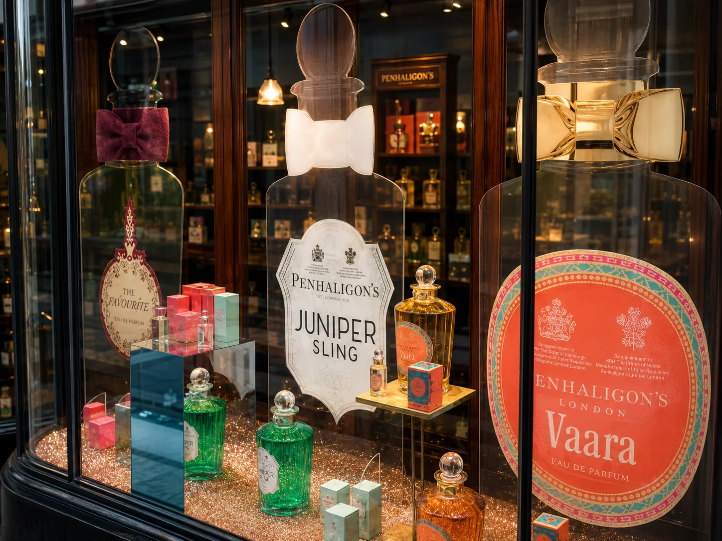 Penhaligons fragrance window display, printed POS and perspex elements produced by City Images London