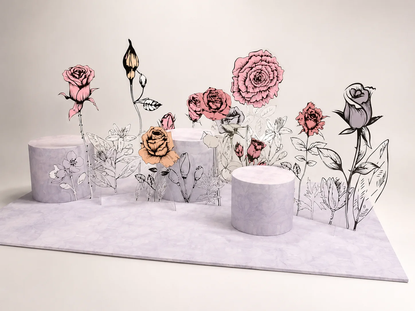 Printed rose plinth showroom display, structural wrap and finishing by City Images London
