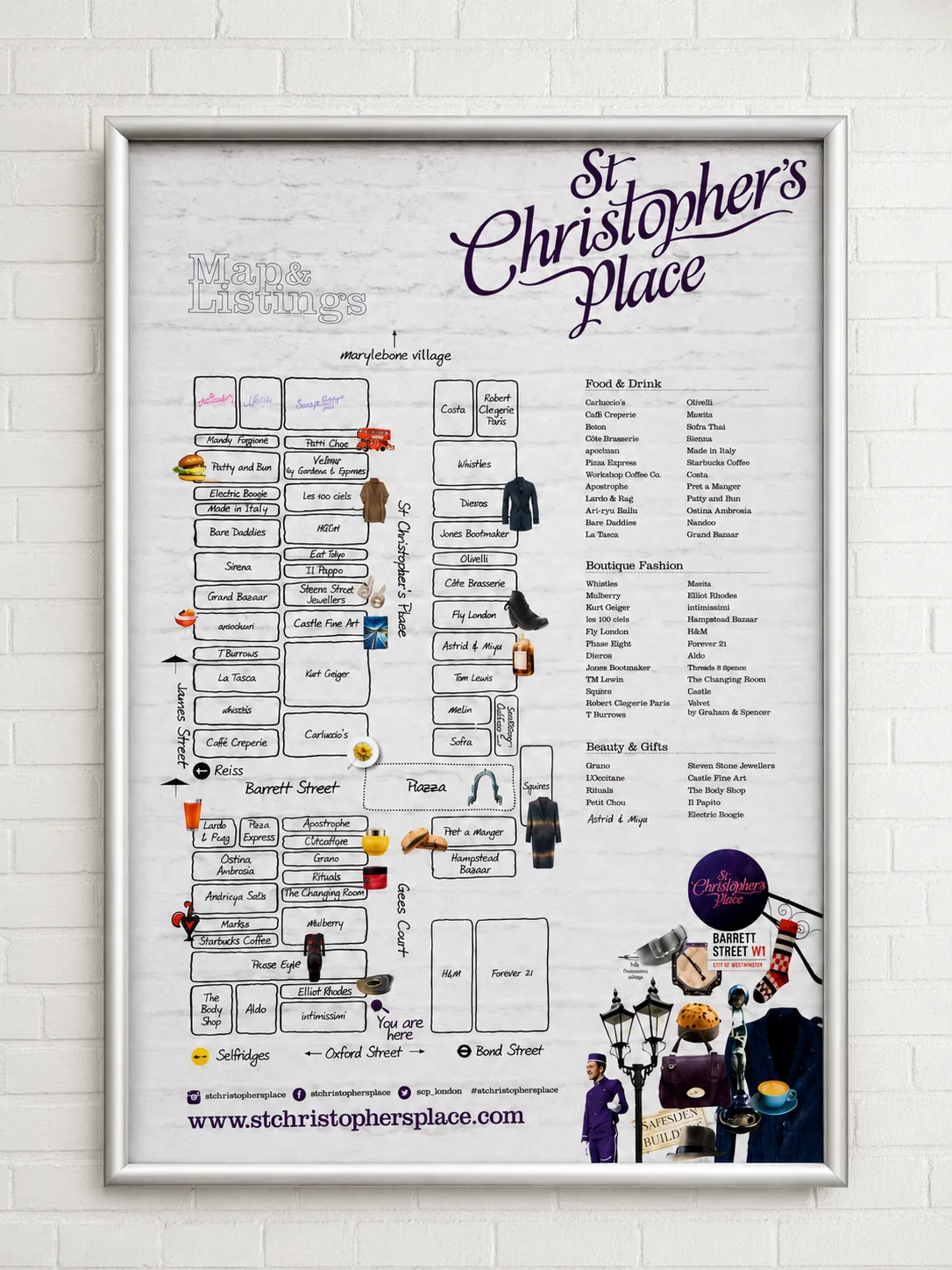 Framed paper poster of a London street map on a white brick wall, printed by City Images