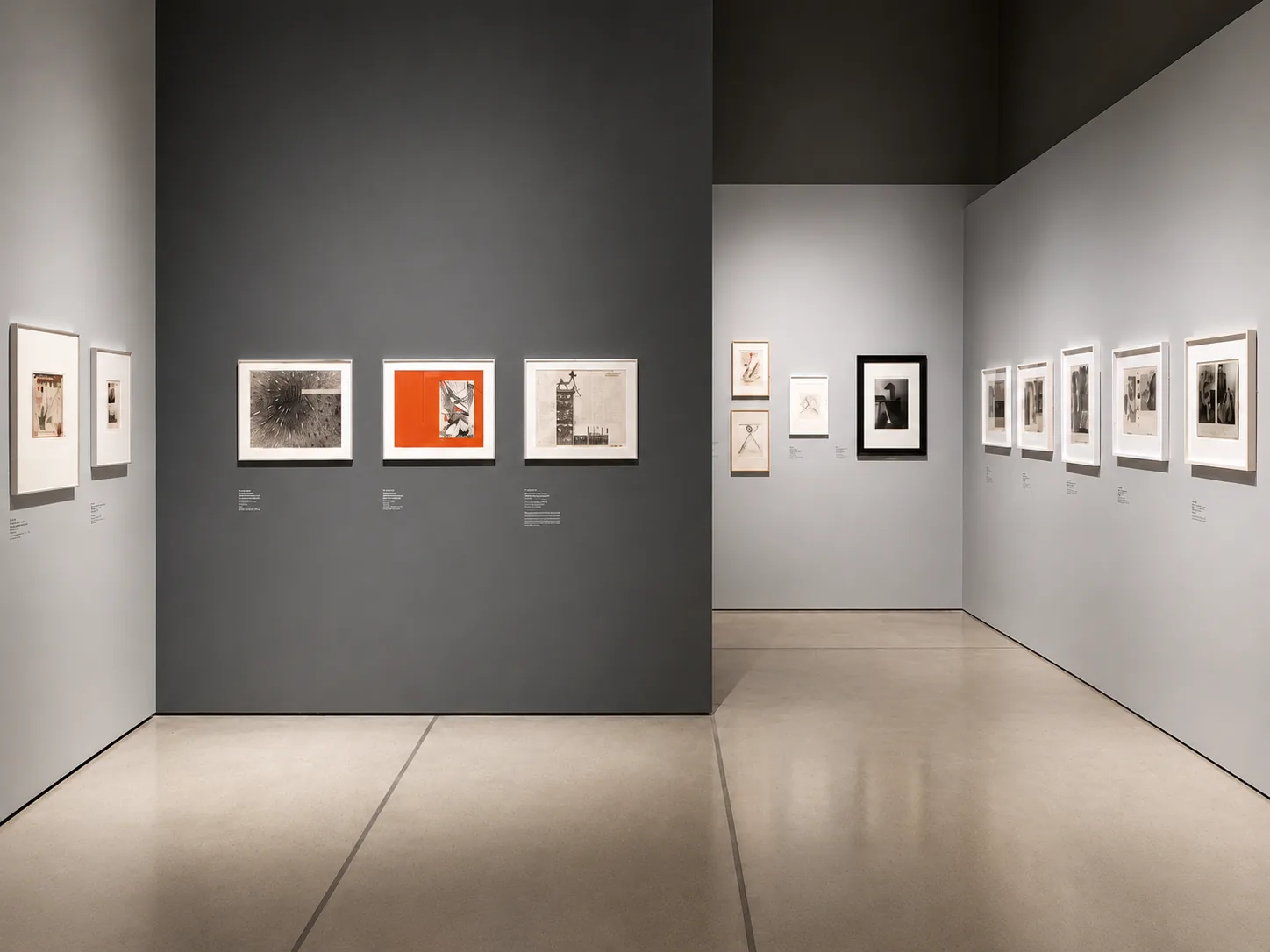Print exhibition install with framed posters on grey gallery walls, City Images