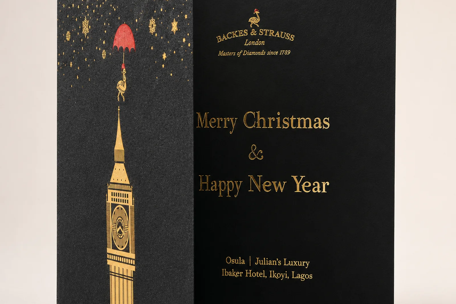 Gold foil seasonal greeting card with Big Ben silhouette on black stock