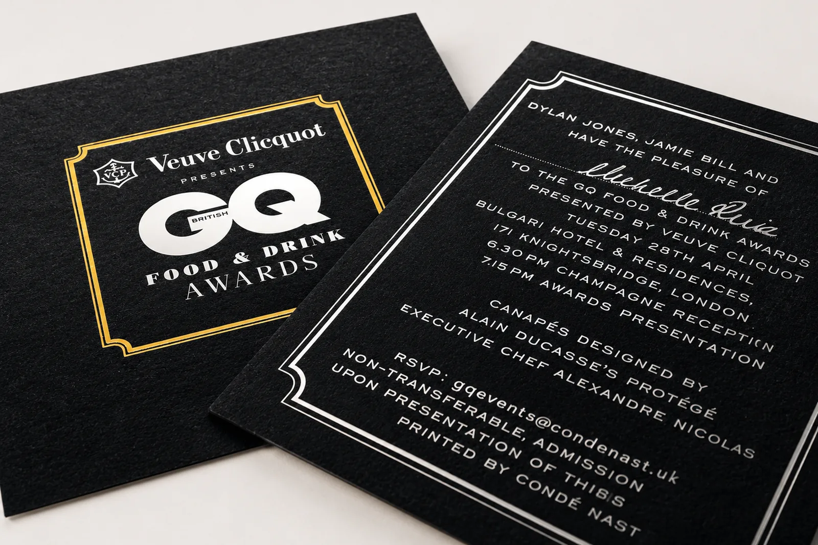 Premium black event invitation with gold and silver foil event-stationery, awards format