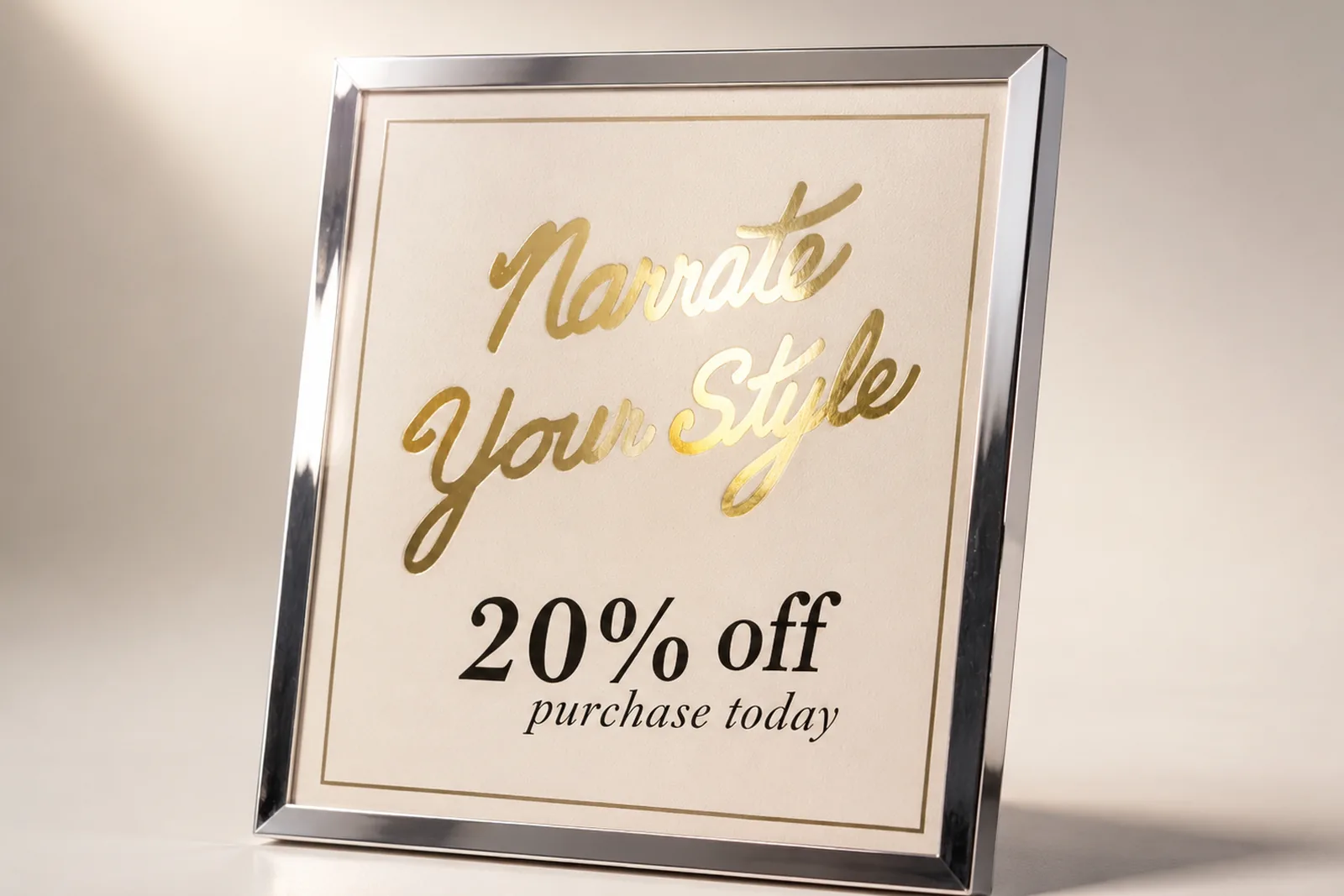 Gold foil promotional sign in mirror frame, retail event signage