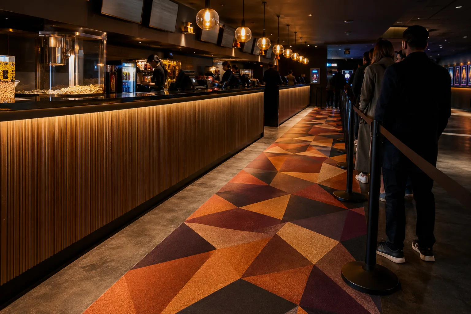 Cinema concession bar with orange and rust geometric floor graphic