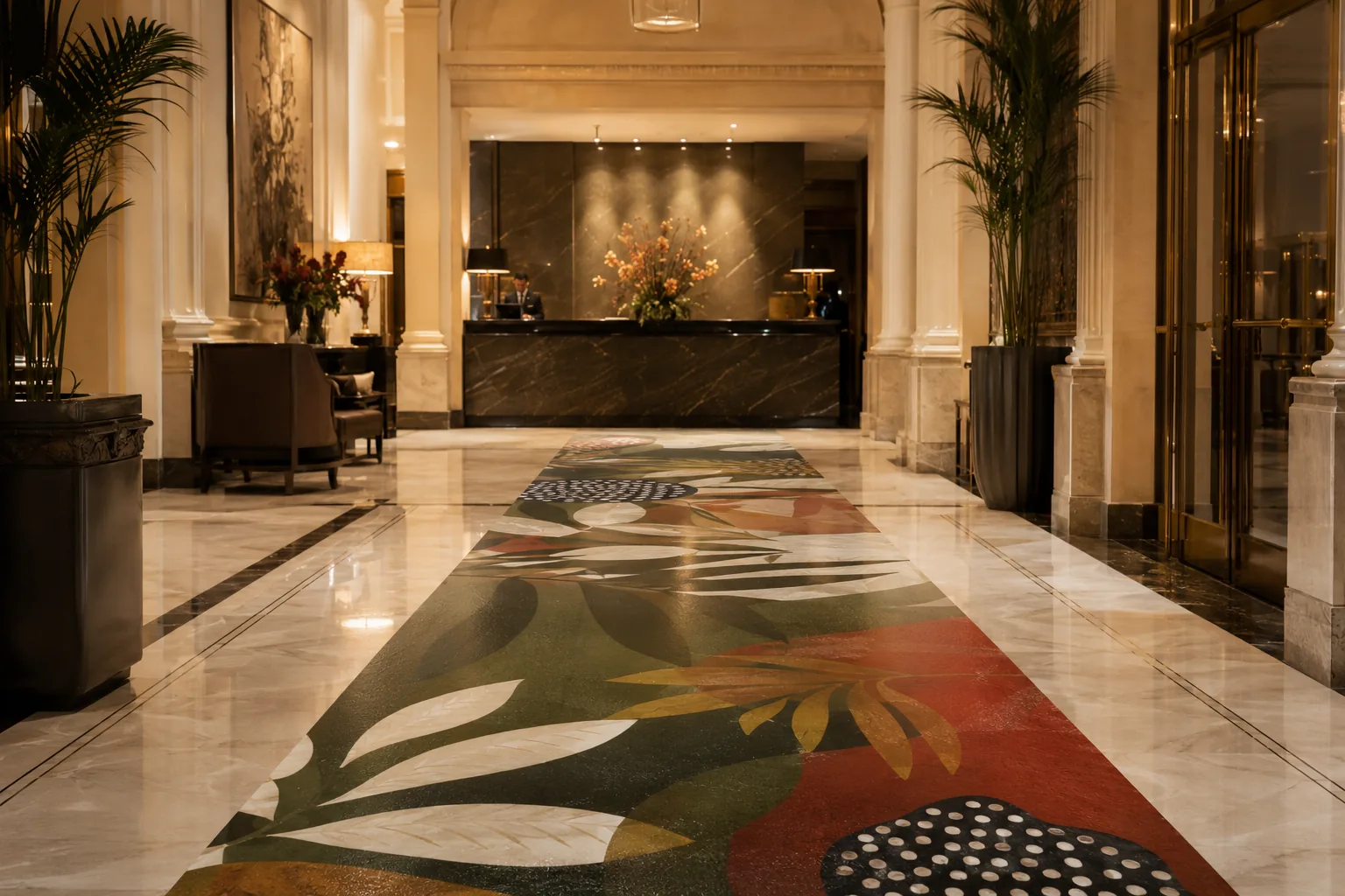 Hotel lobby with vibrant botanical floor graphic on marble