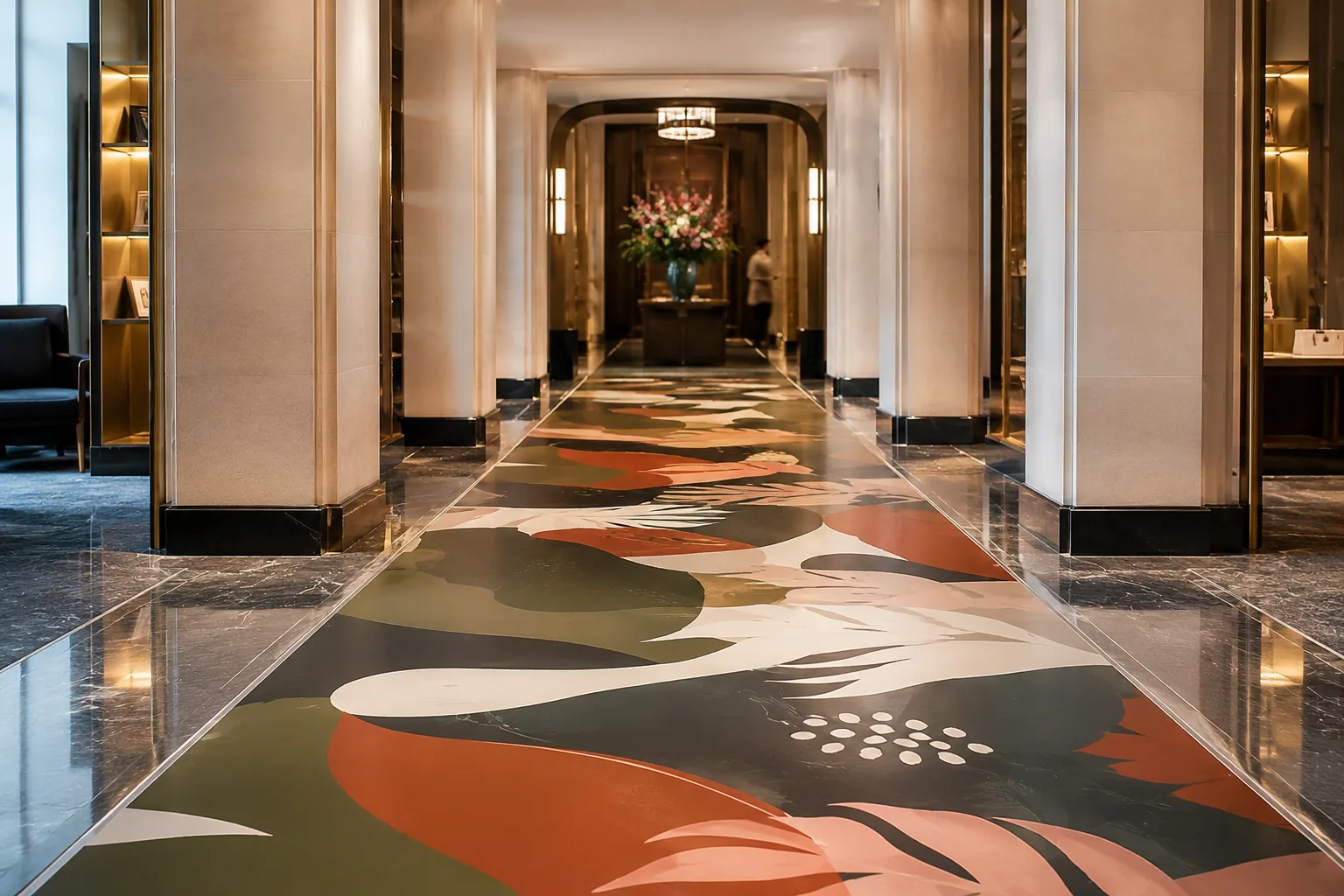 Hotel hallway runner with botanical floor graphic, hospitality install