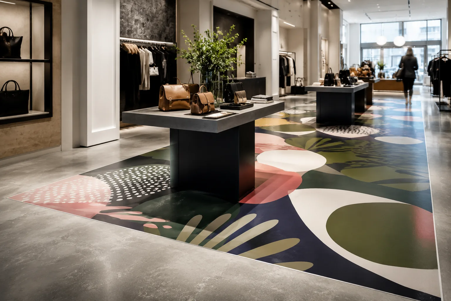 Retail interior with pastel multi-tone abstract floor graphic