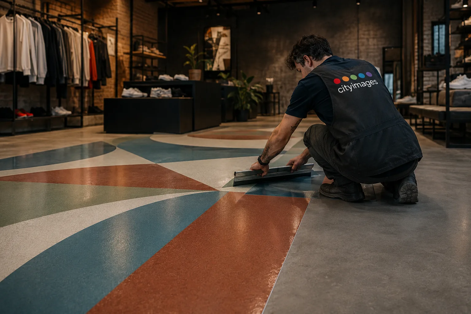 City Images installer applying a floor graphic in a London retail interior