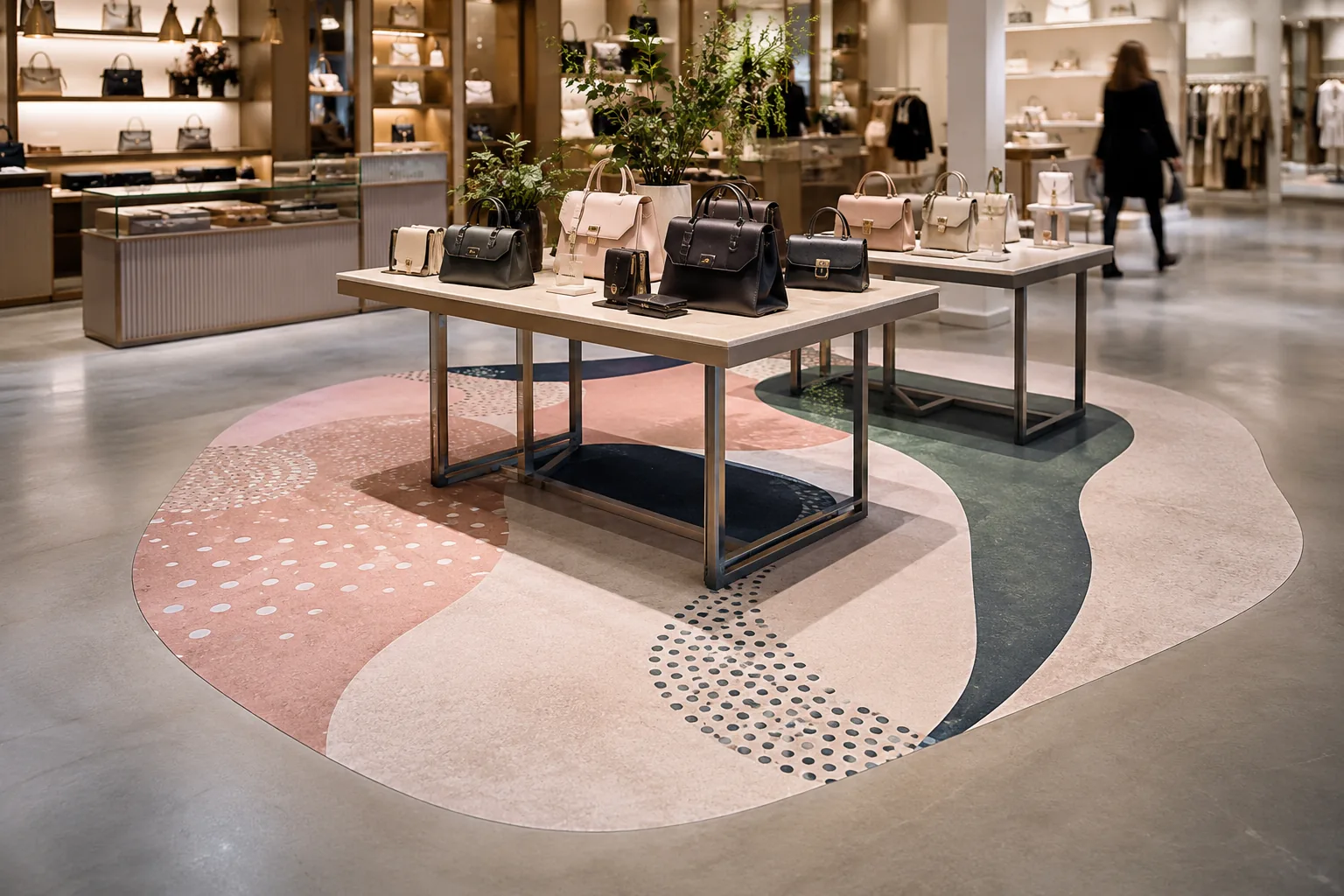 Pastel-curved floor graphic under luxury handbag display tables, retail