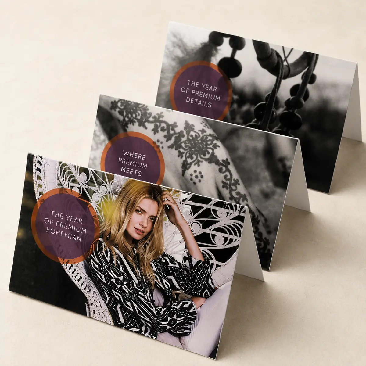 Tri-fold fashion campaign leaflet with machine-creased folds printed in London