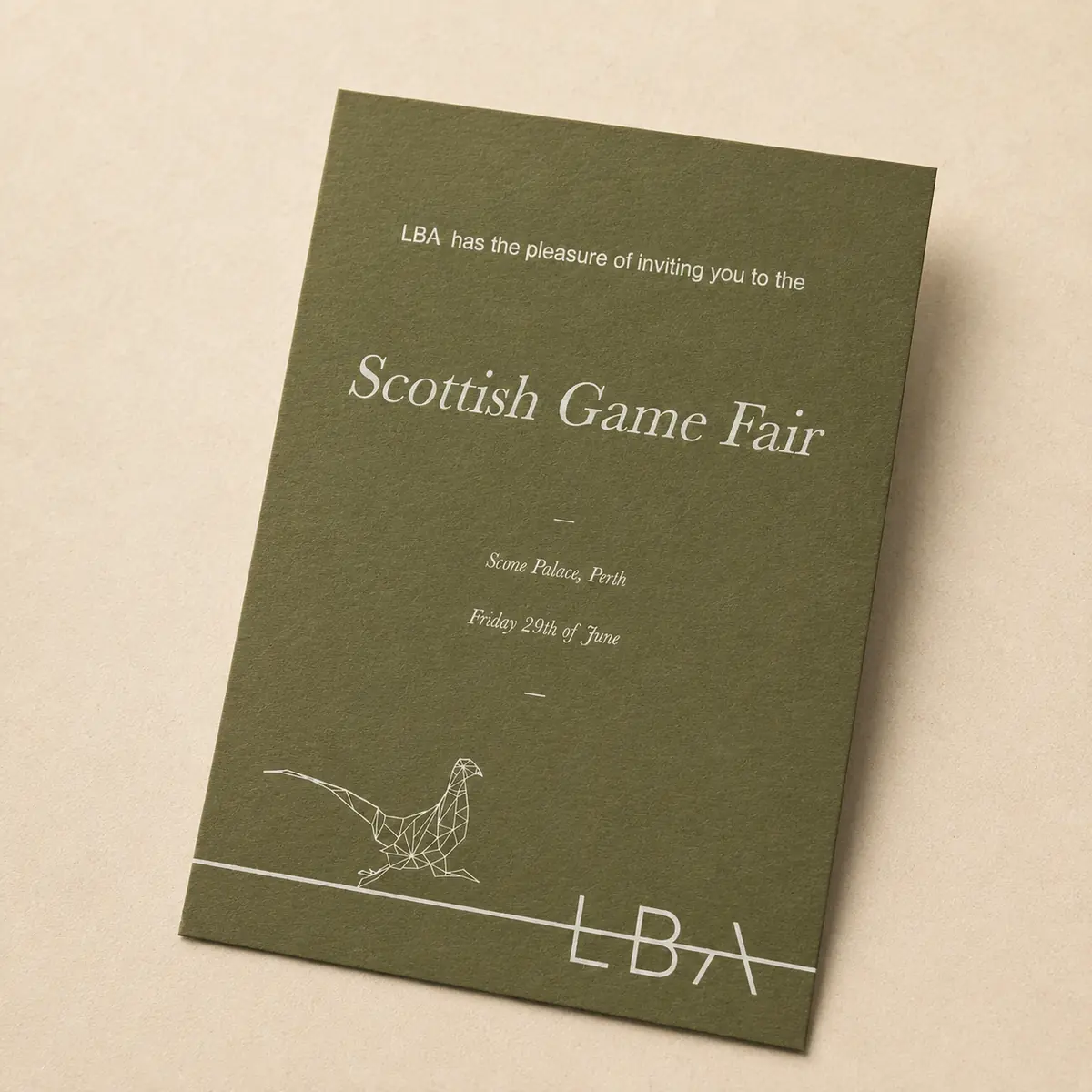 Event invitation leaflet with white typography on olive uncoated stock, printed in London