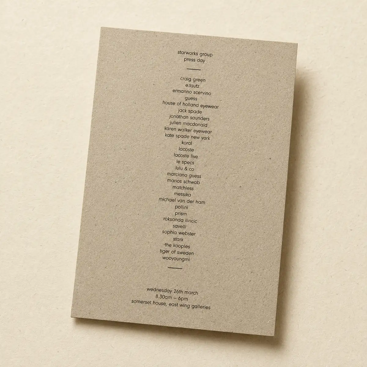 Press day leaflet printed on recycled kraft stock for a London agency
