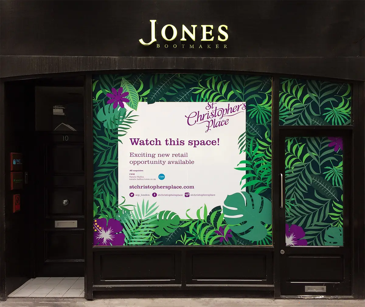 Printed window vinyl with a botanical pattern wrapping a shop window in London