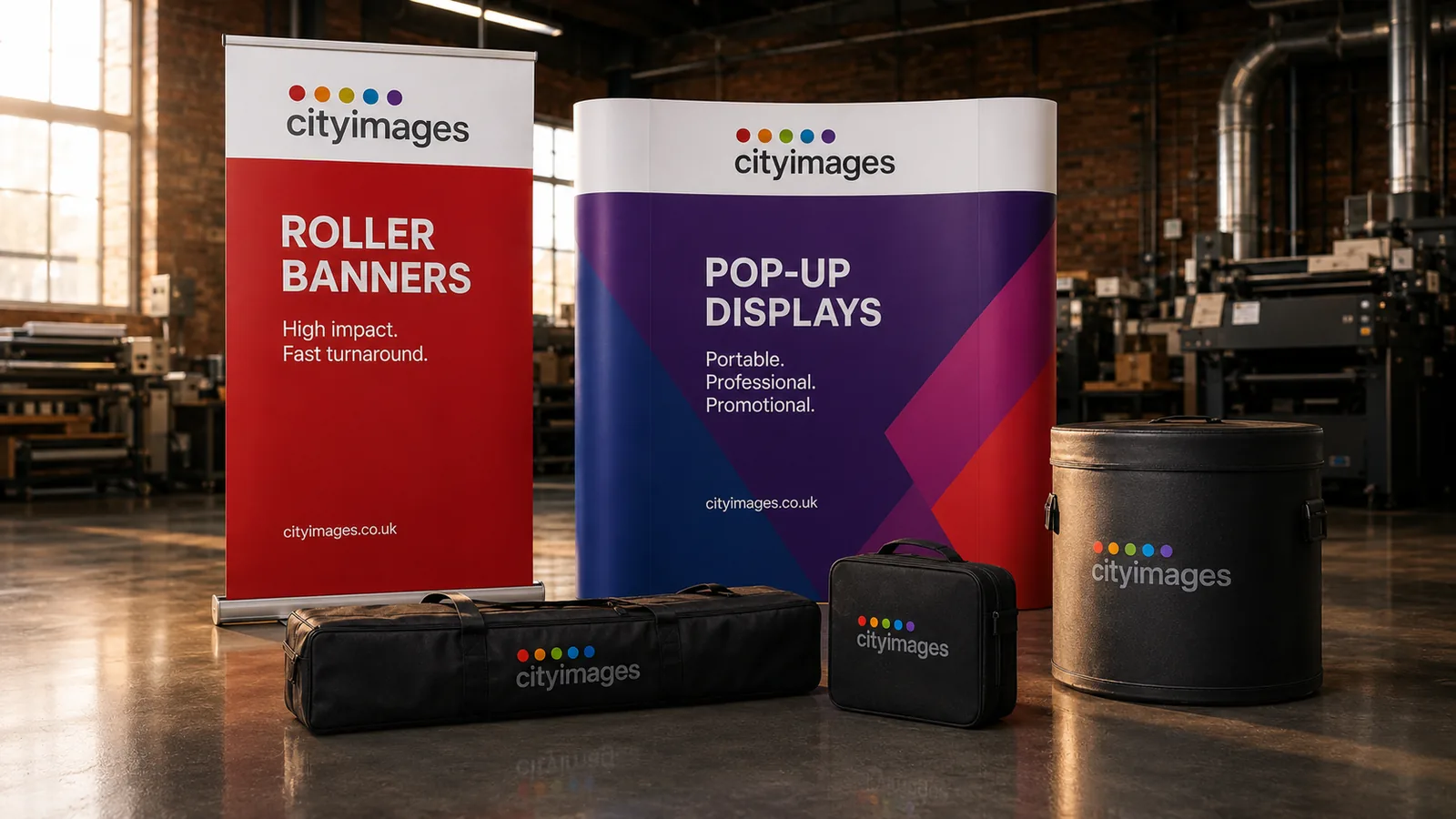 Roller banner and pop-up display system with carry cases, City Images Camden production studio
