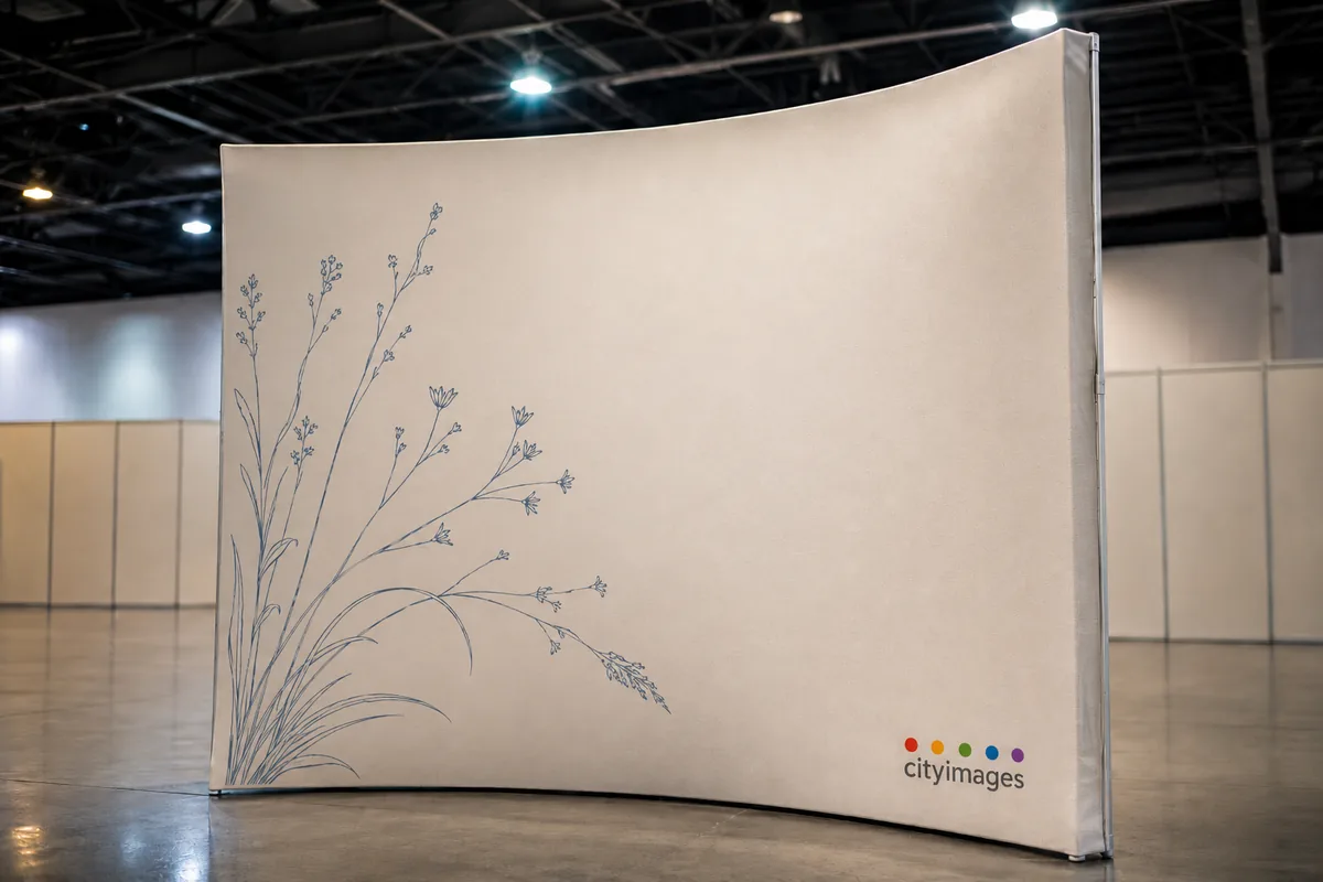 Curved dye-sub fabric pop-up display under trade-show lighting, City Images
