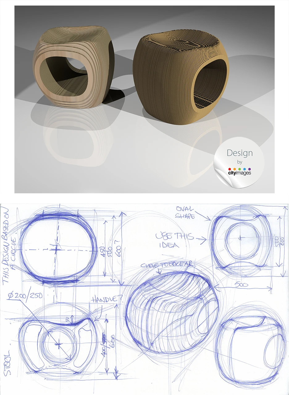 Plywood and cardboard design sketch models